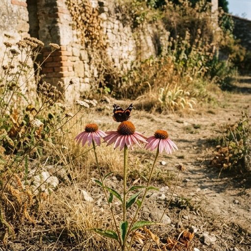 Echinacea purpurea in fiore in giardino italiano, vanessa atalanta posata sul capolino rosato in tardo estate