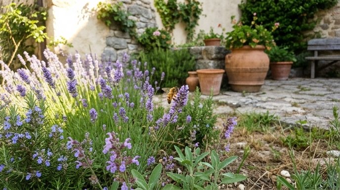 Bordura fiorita in giardino italiano con lavanda e salvia, api e farfalla su fiori viola al sole mattutino