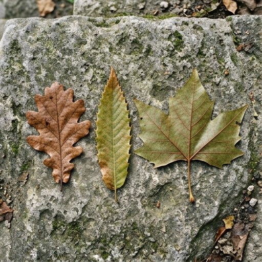 Tre tipi di foglie a confronto su pietra: quercia, castagno e platano in un giardino italiano