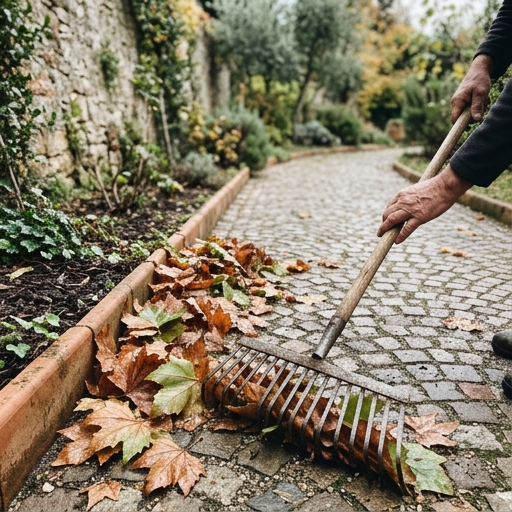 Rastrello con foglie di platano raccolte in un vialetto acciottolato di giardino italiano autunnale