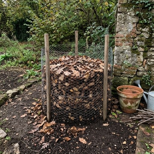 Contenitore cilindrico di rete metallica pieno di foglie per il leaf mold in angolo di giardino