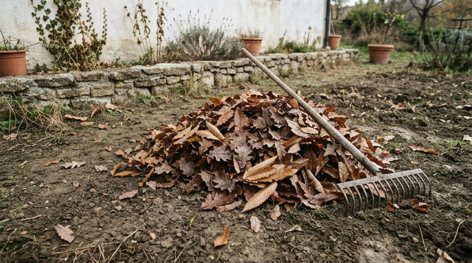Mucchio di foglie autunnali di quercia e castagno su terreno di un orto italiano in autunno