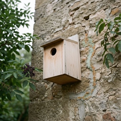 Cassetta nido in legno grezzo fissata a un muro in pietra in un giardino di centro Italia, circondata da rami di sambuco
