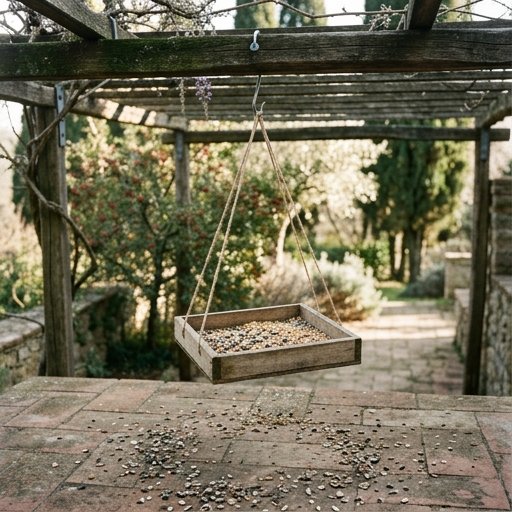 Mangiatoia artigianale in legno con semi di girasole decorticati appesa a un pergolato in un giardino italiano