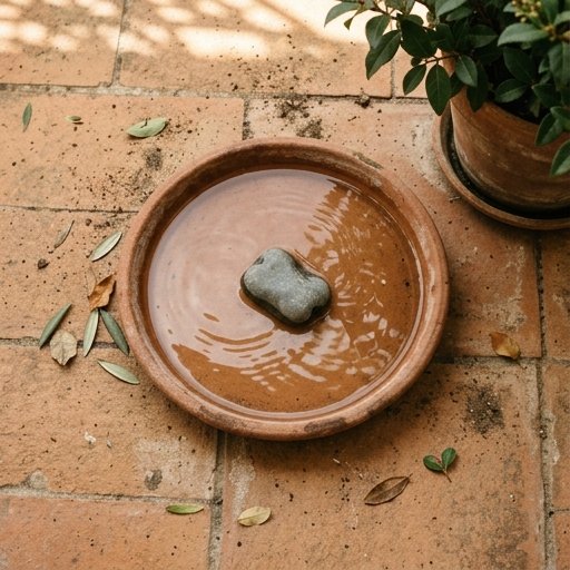 Vassoio d'acqua basso in terracotta con pietra piatta al centro su pavimento di cotto in un balcone italiano