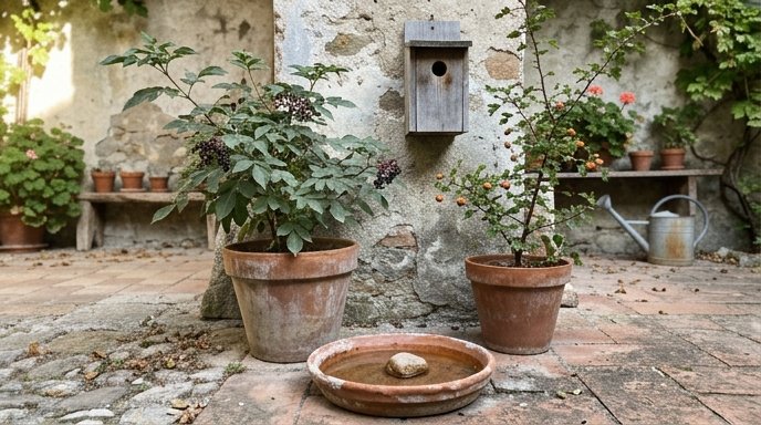 Angolo di giardino italiano con vassoio d'acqua in terracotta, arbusti di sambuco e cassetta nido su muro in pietra
