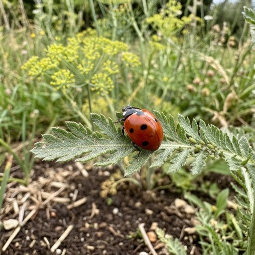 Coccinella a sette punti su foglia di rosa nell'orto, con afidi visibili sullo stelo vicino