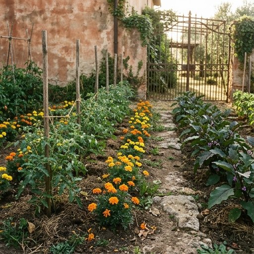 File alternate di tagete arancioni e piantine di pomodoro in un orto italiano con terra nuda tra le file
