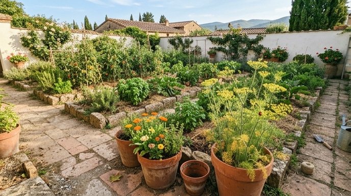 Orto biologico italiano con aiuole di pomodori, tagete e calendula illuminate dal sole mattutino