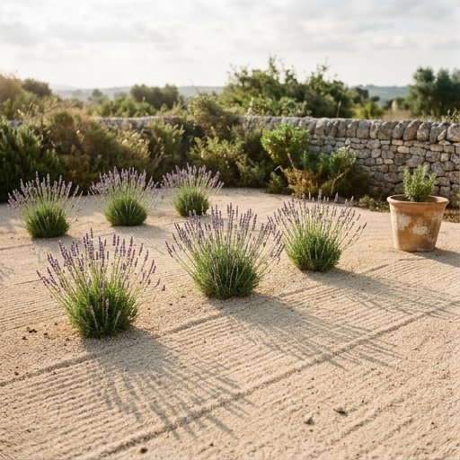 Gruppi di lavanda piantati su ghiaia color sabbia in un giardino mediterraneo soleggiato