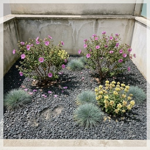 Arbusti di cisto e festuca glauca tra ghiaia di basalto grigio in un giardino urbano del Sud