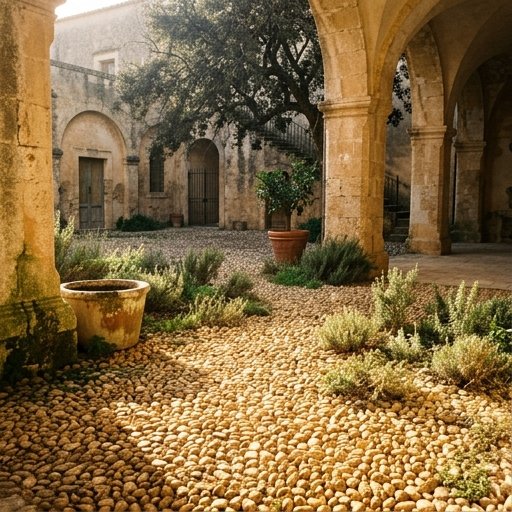 Dettaglio di un giardino di ghiaia storico: archi di un chiostro siciliano con piante aromatiche e ciottoli