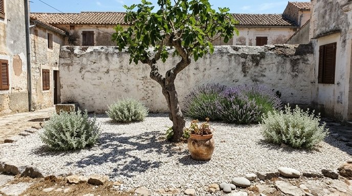 Cortile del Sud Italia con ghiaia bianca, un fico e arbusti argentati sotto il sole di mezzogiorno