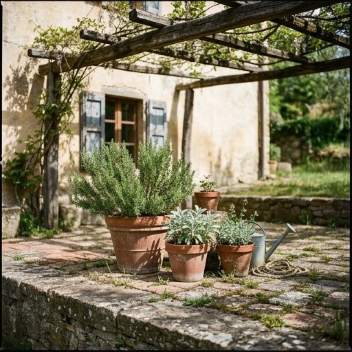 Angolo di giardino rustico con vasi di terracotta e arbusti mediterranei sotto un pergolato in legno