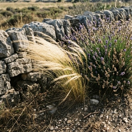 Fascia di stipa e lavanda lungo un muretto a secco in pietra in un giardino collinare italiano