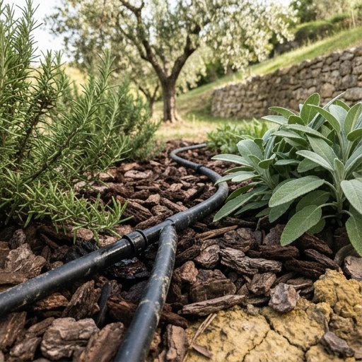 Impianto di irrigazione a goccia con pacciamatura in corteccia attorno a piante mediterranee in un orto di campagna