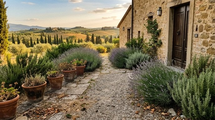 Giardino di seconda casa in collina toscana con lavanda e rosmarino fioriti davanti a un cancello in legno invecchiato