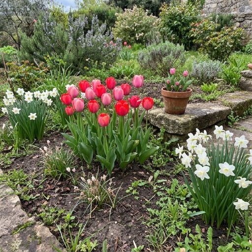 Bulbi primaverili in fiore in un giardino italiano: tulipani, narcisi e crochi in gruppi irregolari su terreno italiano