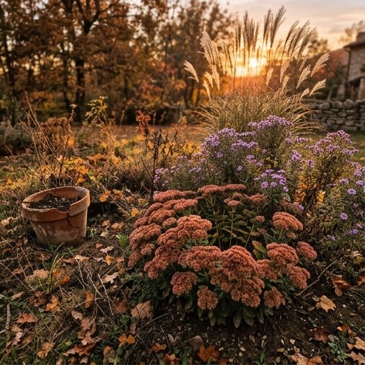 Giardino italiano in autunno con sedum, astri viola e graminacee ornamentali nella luce dorata di ottobre