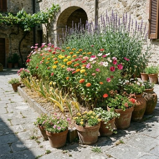 Aiuola stratificata con bulbi, perenni e annuali in un giardino italiano, tecnica della fioritura a strati visibile