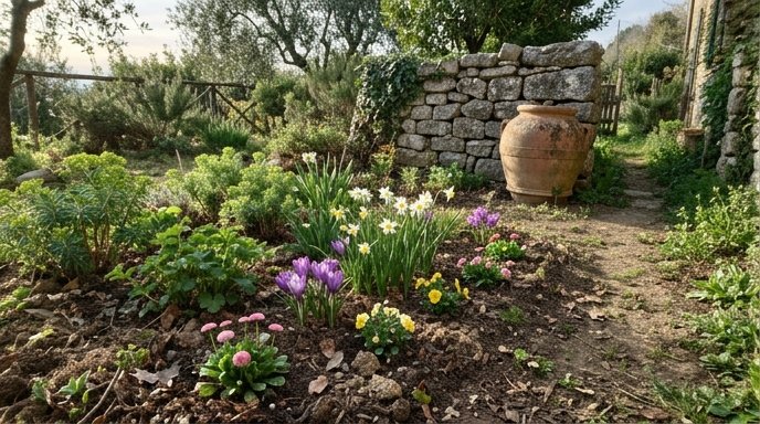Giardino italiano con fioriture di bulbi, perenni e annuali nelle quattro stagioni, luce mediterranea calda