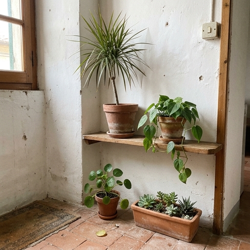 Tre piante tropicali su livelli diversi: dracena alta, filodendro su mensola e pilea sul pavimento in vasi di terracotta