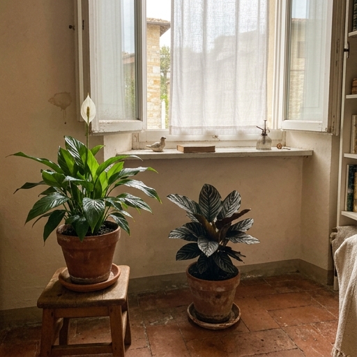 Piante tropicali vicino a una finestra con luce naturale diffusa: spatifillo e calathea in vasi di terracotta