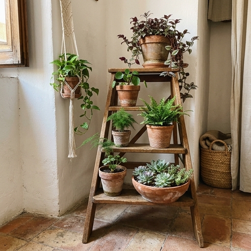 Scala portavasi in legno con cinque livelli di piante tropicali in vasi di terracotta e cotto in angolo appartamento