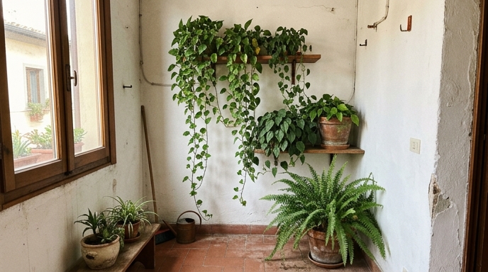 Angolo di appartamento con pothos, monstera e felci disposti su mensole e sul pavimento in vasi di terracotta