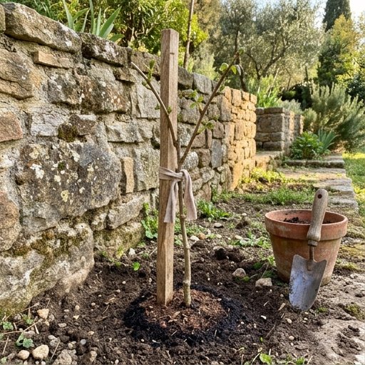 Giovane glicine piantato vicino a un muro di pietra con tutore in legno in un giardino del Centro Italia
