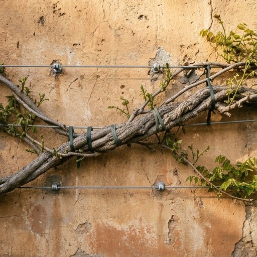 Rami di glicine legati a cavi d'acciaio su un muro di casa italiana con intonaco ocra