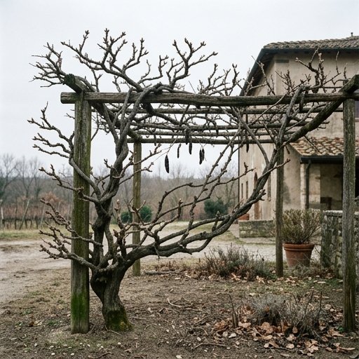 Glicine potato in inverno con speroni corti e struttura legnosa visibile su pergolato rustico