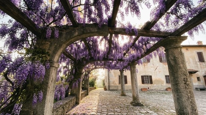 Pergolato in pietra coperto da glicine in fiore con racemi viola che cascano su una corte italiana