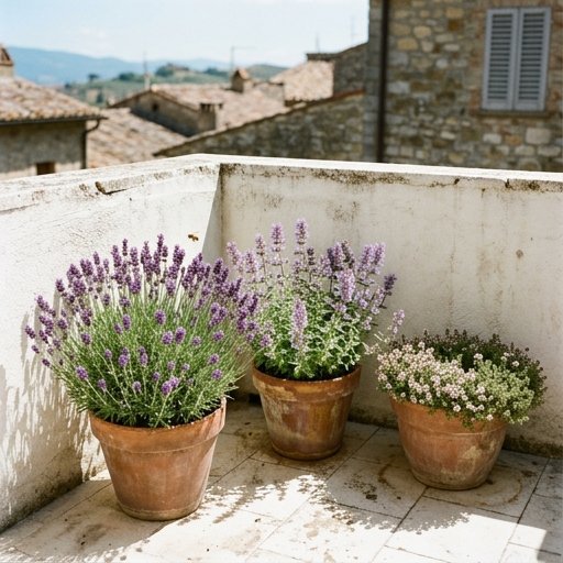 Vasi di lavanda, nepeta e timo serpillo su un balcone italiano con ringhiera in ferro battuto e piastrelle chiare