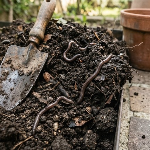 Lombrichi comuni in terriccio scuro e umido ricco di humus, esposti su palata di compost maturo in orto italiano