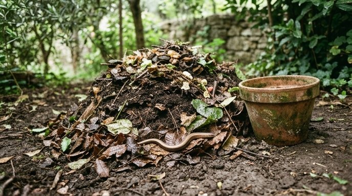 Cumulo di compost in terra battuta in un orto italiano, strati di foglie e rametti in decomposizione accanto a un muro di pietra