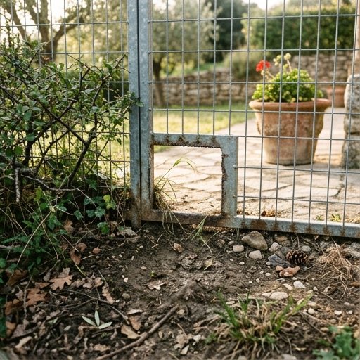 Piccola apertura rettangolare alla base di una recinzione metallica in un giardino residenziale italiano