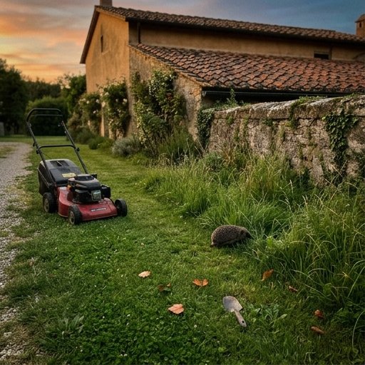Ciotola di ceramica bassa con acqua fresca posata sul terreno del giardino accanto a vasi di terracotta