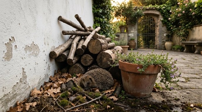 Riccio europeo in un angolo selvatico di un giardino italiano con foglie secche e catasta di legna