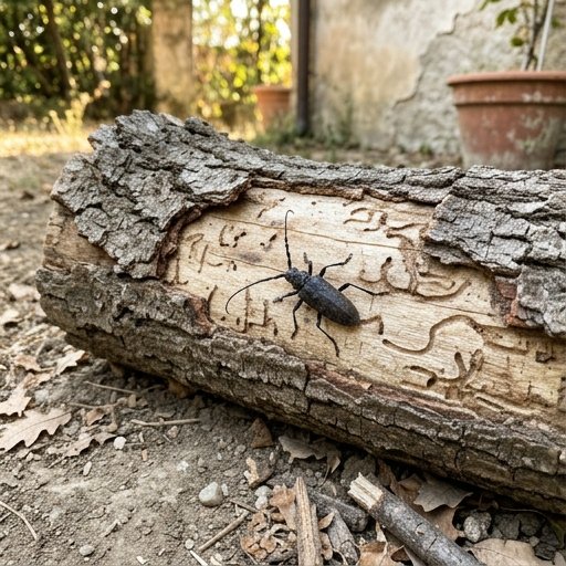 Coleottero cerambice della quercia su tronco di quercia scortecciato in un giardino italiano