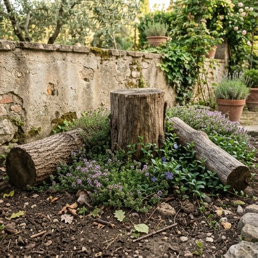 Tronco di latifoglia con funghi Pleurotus ostreatus alla base, a contatto con terreno umido in un giardino italiano