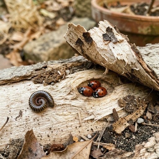 Coccinelle che svernano in una fessura di legno secco e millepiedi visibili sotto la corteccia sollevata in un giardino italiano
