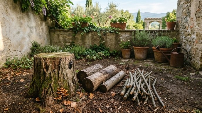 Angolo di legno morto in un giardino italiano con ceppo muscoso, rami accatastati e vasi di terracotta sullo sfondo