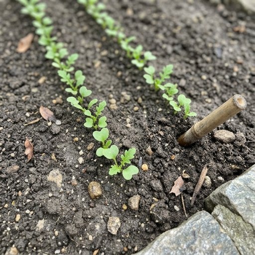 Piantine di rucola appena germogliate in file strette su terra scura in un orto italiano