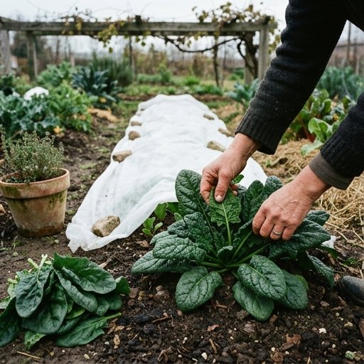 Foglie grandi di spinacio raccolte a mano in un orto invernale italiano con tessuto non tessuto sullo sfondo