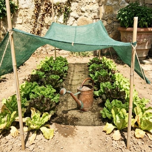 Innaffiatoio in terracotta accanto a file di lattughe in un orto italiano con rete ombreggiante sopra