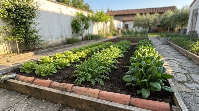 Aiuola di orto italiano con file di lattuga, rucola e spinaci in piena crescita alla luce del mattino