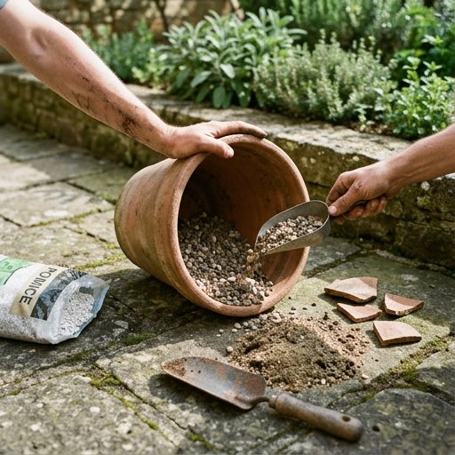 Mani che preparano il substrato drenante per lavanda in un vaso di cotto grande con ghiaia sul fondo