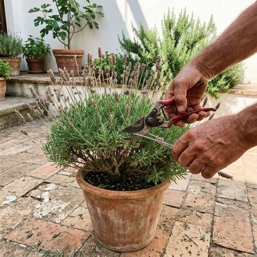 Mani che potano un cespuglio di lavanda con forbici da giardinaggio, taglio post-fioritura in giardino italiano