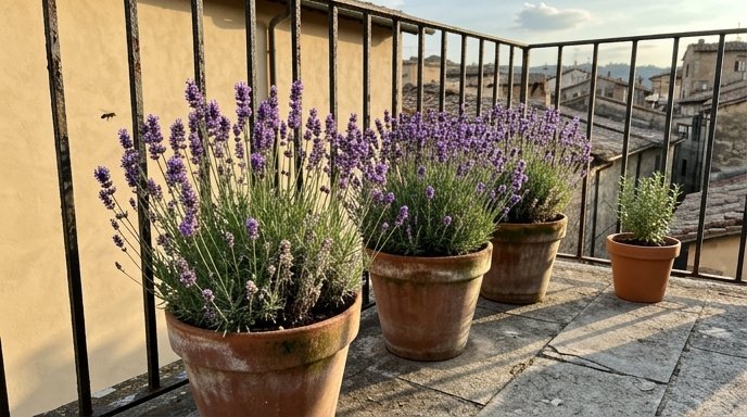 Vasi di terracotta con lavanda in fiore su un balcone italiano esposto a sud, ringhiera in ferro battuto sullo sfondo